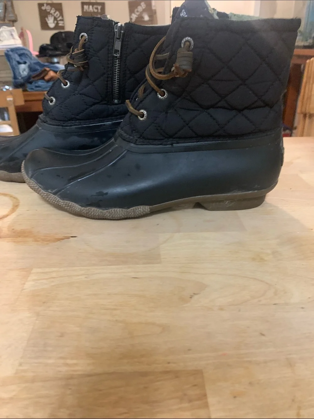 Sperry Black Quilted Duck Boots with Brown Laces